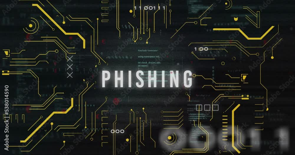 Poster animation of phishing text and data processing over computer motherboard