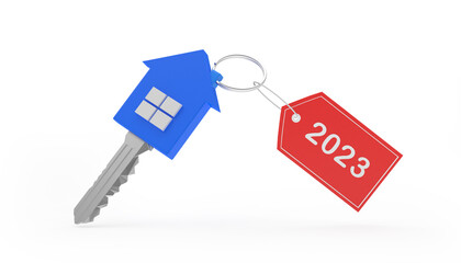 Blue house key with the number 2023 on a red label. 3D illustration