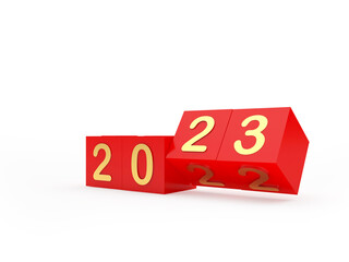 The number 2023 changes on red cubes. 3D illustration