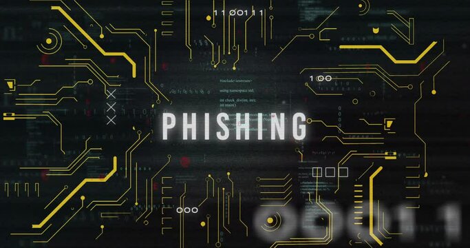 Animation of phishing text and data processing over computer motherboard