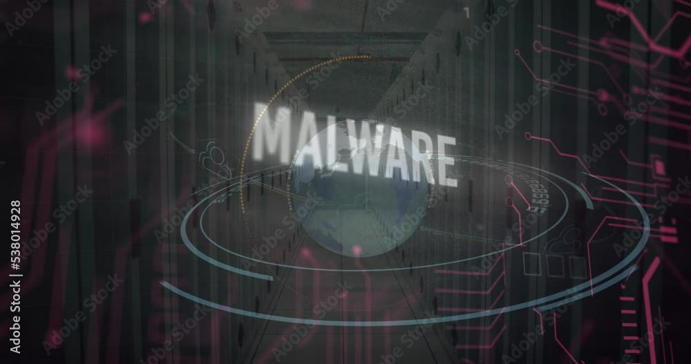 Poster animation of malware text and data processing over computer motherboard and servers