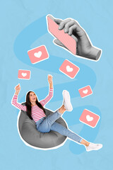 Collage photo of youngster pretty girlish woman sitting beanbag relax chill excited raise hands up...