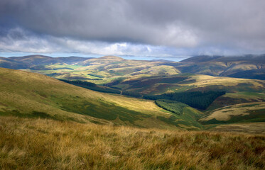 Views of Kelsocleuch Burn over the Scottish border from Windy Gyle in the Cheviot Hills in Northumberland, England