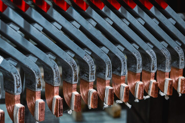 Inner parts of new electric motor in plant workshop macro