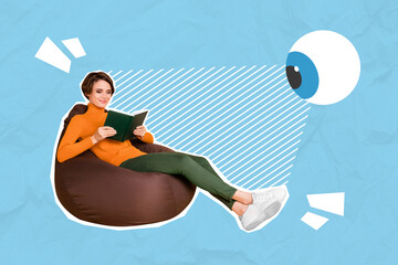 Collage photo of young interested positive charming lady sitting beanbag relax reading novelty hobby eye looking her isolated on blue color background