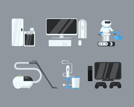 Home Electric Devices and Appliances with Fridge, Computer, Robot, Oven, Vacuum Cleaner, Blender and Play Station Vector Set
