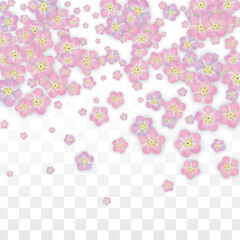 Blue Vector Realistic Blue Petals Falling on Transparent Background.  Spring Romantic Flowers Illustration. Flying Petals. Sakura Spa Design. Blossom Confetti. Design Elements for Wedding Decoration.