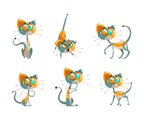 Fotobehang Cute Robotic Cat with Metal Tail and Whiskers Sitting and Walking Vector Set © topvectors
