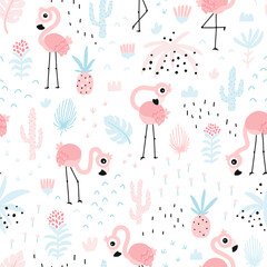 Flamingo seamless pattern. Summer tropical vector background with cute pink birds in the jungle. Simple childish hand-drawn scandinavian cartoon style. Limited palette for baby textile printing.