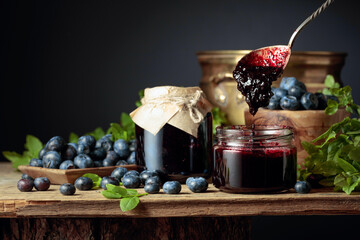 Blueberry jam with fresh berries.