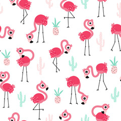 Flamingo seamless pattern. Summer tropical vector background with cute pink birds in the jungle. Simple childish hand-drawn scandinavian cartoon style. Limited palette for baby textile printing.