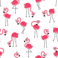Flamingo seamless pattern. Summer tropical background with cute pink birds in simple childish hand drawn scandinavian cartoon style. The limited palette is ideal for printing baby textiles.