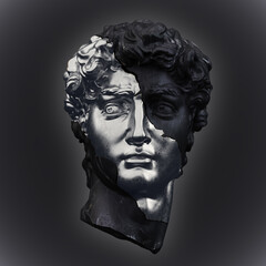 Abstract illustration from 3D rendering of a silver and black marble head of male classical sculpture broken in three pieces and isolated on dark background.