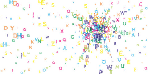 Falling letters of English language. Bright handdrawn flying words of Latin alphabet. Foreign languages study concept. Surprising back to school banner on white background.