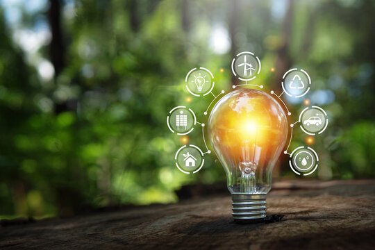 Renewable Energy.Environmental protection, renewable, sustainable energy sources.  light bulb with icons energy sources for renewable, sustainable development. Ecology concept.