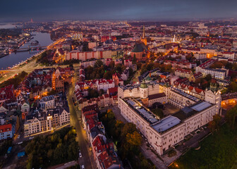 Szczecin, Poland 14.10.2022 Panorama of the city at dawn - obrazy, fototapety, plakaty