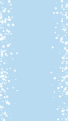 Falling snowflakes christmas background. Subtle flying snow flakes and stars on light blue winter backdrop. Beautifully falling snowflakes overlay. Vertical vector illustration.