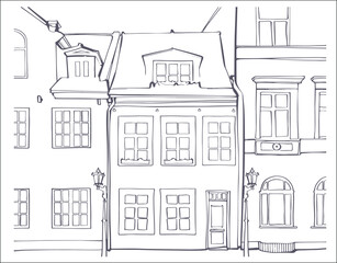 Facades of houses in a modern style on a white background. Vector illustration in a linear style. Landscape of a city street. Isolated illustration.