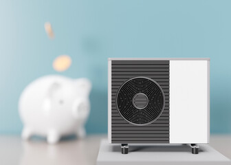 Air heat pump and piggy bank on blue background. Modern, environmentally friendly heating. Save your money with air source heat pump. Free, copy space for your text, advertising. 3d render. - obrazy, fototapety, plakaty