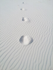 Fototapeta na wymiar Sand dunes of white sand. A desolate landscape with blue skies and bright sunshine