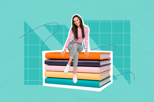 Composite collage image of positive intelligent mini girl sit huge pile stack book isolated on painted background