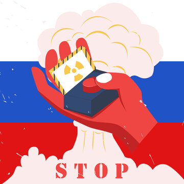 Nuclear Weapons, Atomic Bomb Explosion. Finger Push Red Nuclear Button On Russian Flag Background. Vector Flat Poster