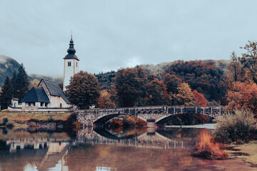The most famous church near by Bohinj lake during fall