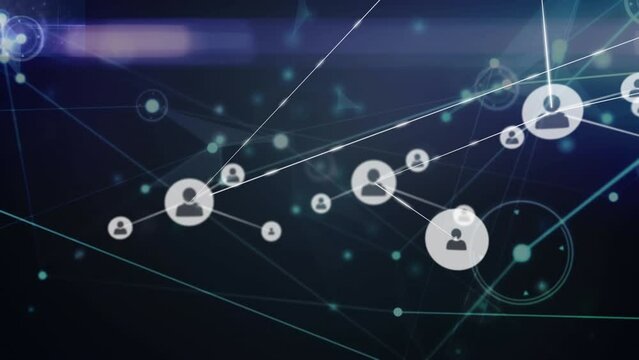 Animation of network of profile icons over light trails against blue background