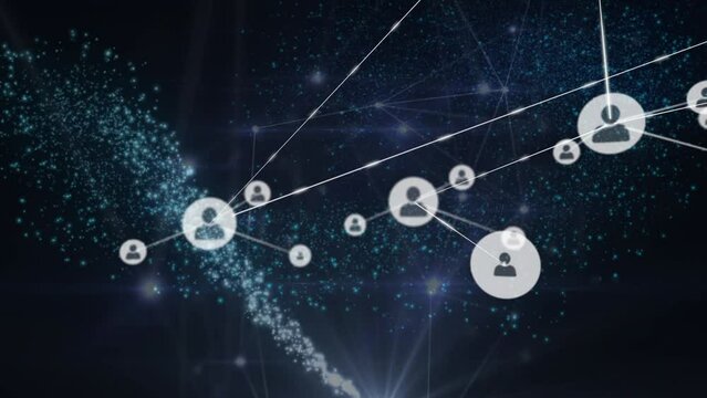 Animation of network of profile icons over shooting star against black background