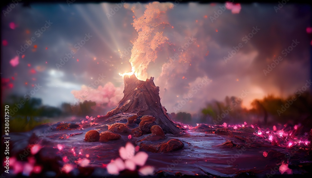 Sticker Fantasy landscape with lava and magic portal and fiery glow on dark background 3d illustration