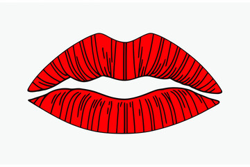 Intense red lips of a woman, isolated illustration. Clear black lines, opened mouth.
