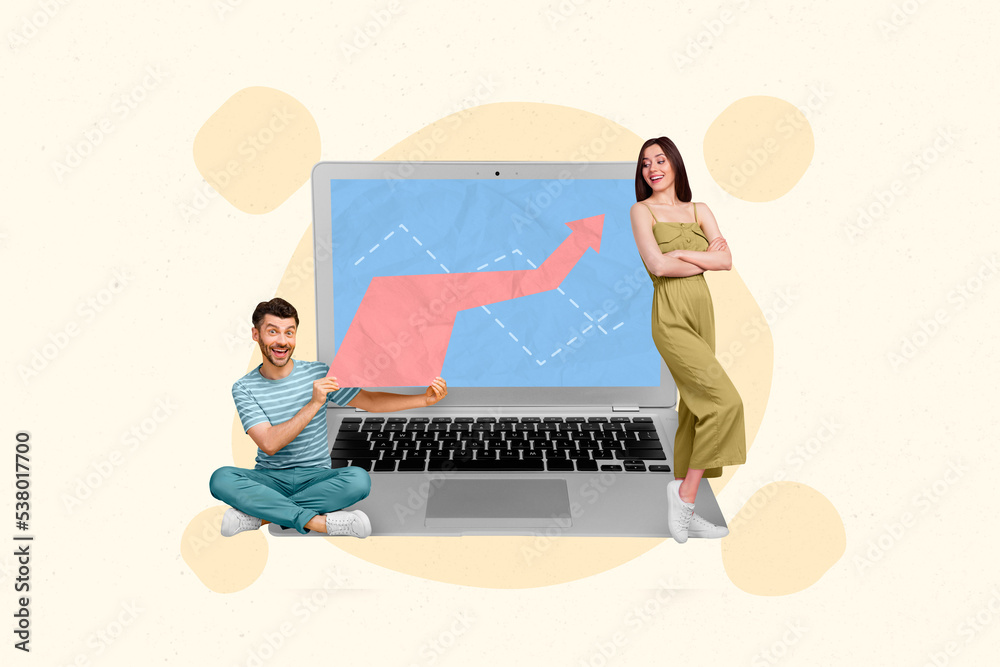 Poster collage artwork graphics picture of happy smiling boyfriend girlfriend working modern device isolate