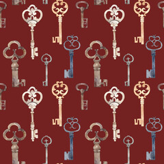 Watercolor seamless antique keys on a colored background. Rusty iron key, vintage illustration.For your design fabrics, wrapping paper, stationery.