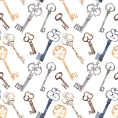 Watercolor seamless pattern antique keys on a white background.Rusty iron key, vintage illustration.For your design fabrics, wrapping paper, stationery.