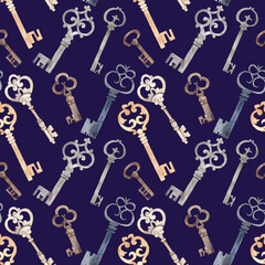 Watercolor seamless antique keys on a colored background. Rusty iron key, vintage illustration.For your design fabrics, wrapping paper, stationery.