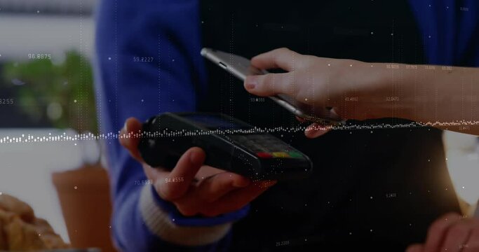 Animation of connections over hands of caucasian using smartphone