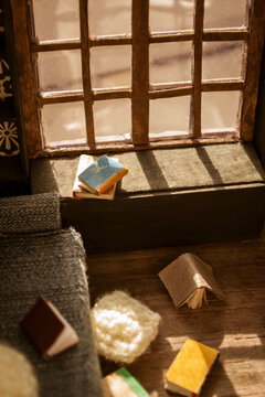 The House For The Doll Is Scattered Books.T He Roombox Is An Inside View Of Scattered Books And Agno. Interior Of A Miniature House.