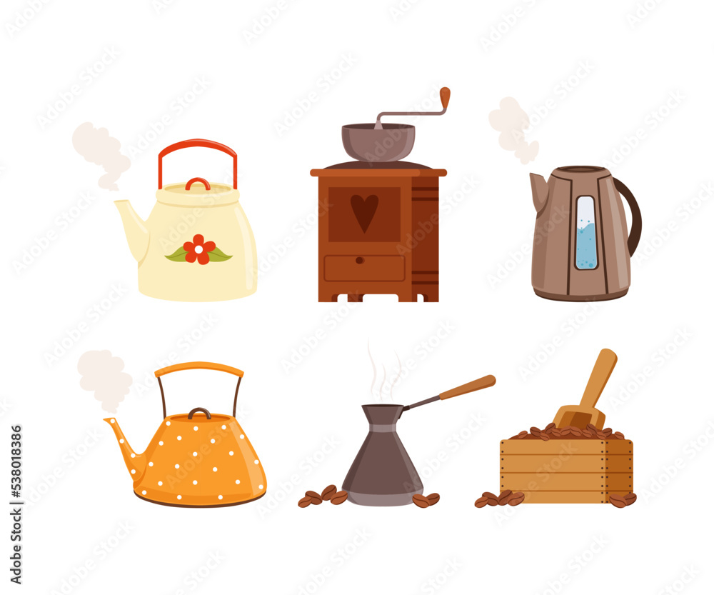 Sticker Brewing Aromatic Tea and Coffee Drink with Boiling Kettle, Teapot, Grinder and Jezve Vector Set