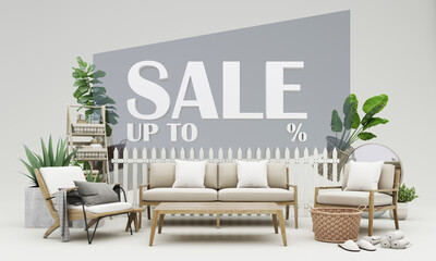 outdoor concept Sale of home decorations and furniture During promotions and discounts, it is surrounded by table, chair, armchairs and advertising spaces banner. pastel background. 3d render