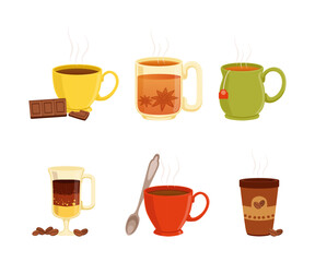 Brewing Aromatic Tea and Coffee Drink in Mug and Cup with Spice and Chocolate Bar Vector Set