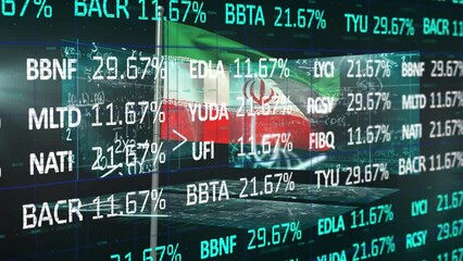 Animation of stock market data processing over waving iran flag against screens with data processing - Powered by Adobe