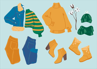 Set of winter warm clothes. Sweaters, jacket, pants, hat and shoes in cute style. Design elements. Vector illustration in a flat style. - obrazy, fototapety, plakaty