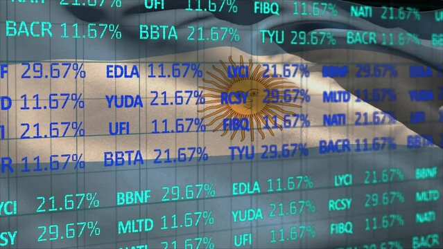 Animation of stock market data processing over waving argentina flag background