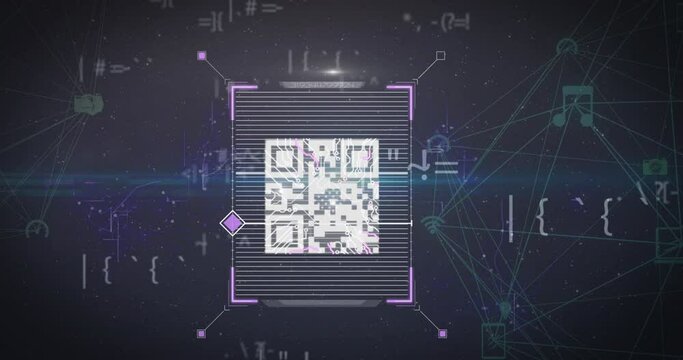 Animation of changing symbols over qr code scanner and globes of digital icons - Powered by Adobe