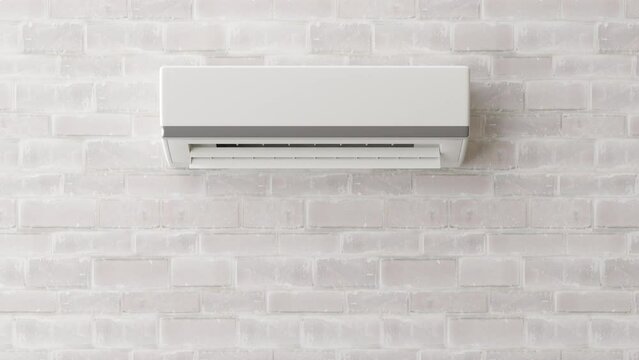 Modern AC, air conditioner hanging on the wall in room. Cooling product for hot climate in summer. Machine which keeps the air in a building cool and dry. Copy space for your text. 3D rendering.
