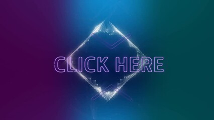 Animation of click here text over glowing diamond on purple to green background - Powered by Adobe