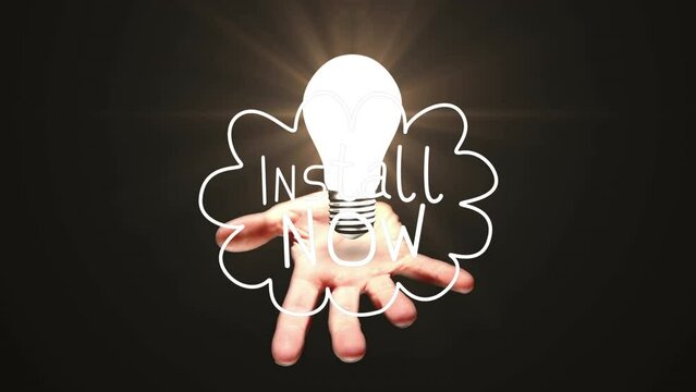 Animation of install now text over glowing light bulb and hand on black background