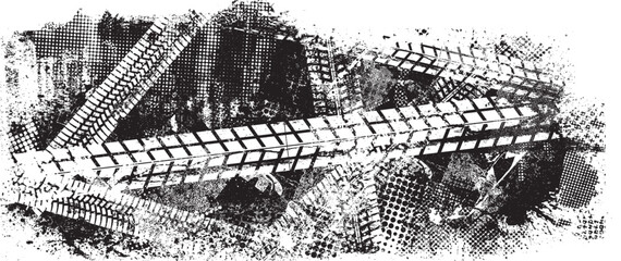 Vector Print Textured Tire Track . Design Element . Car tread silhouette . Mud splash grunge texture. Screen print texture .