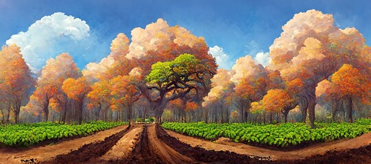 Fototapeta premium Rural valley early autumn fall - serene and tranquil countryside landscape. Conifer spruce trees, green grass and plowed farming crops with cumulus rain clouds. Digital pastel illustration.