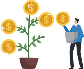 Business growth. Profit from long term investment. Creating sustainability for the business. wealth management. Businessman picking cash from a money tree.